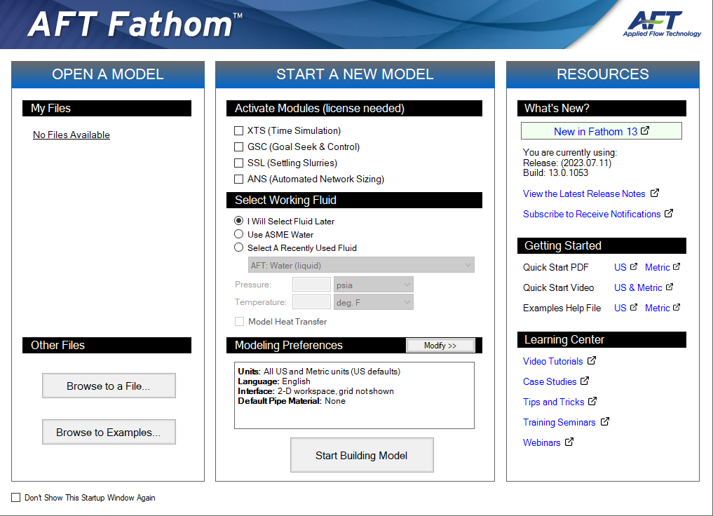 The Fathom 13 Start-Up Window.